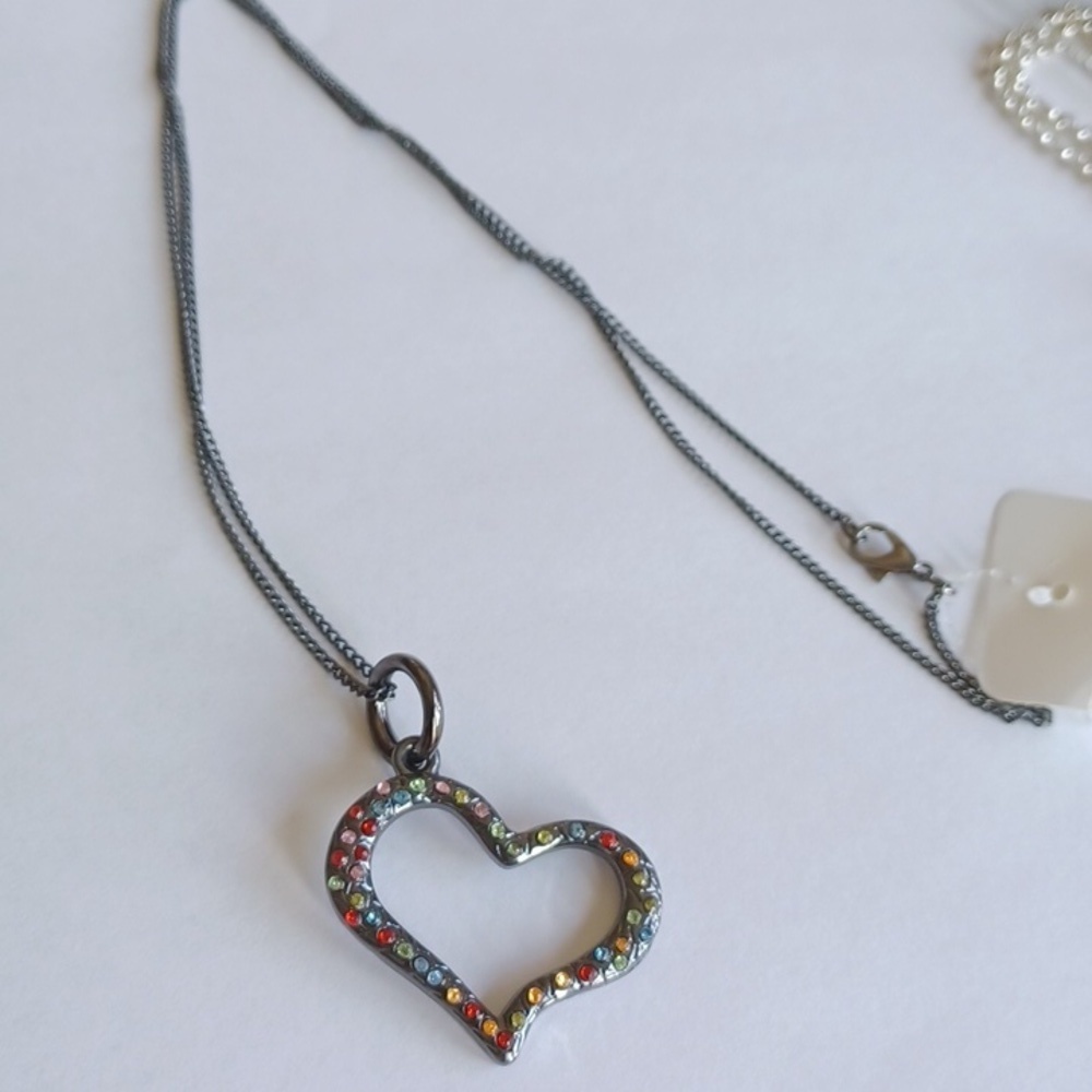 Open Heart Necklace with rhinestones,  gun metal